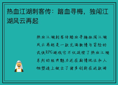 热血江湖刺客传：踏血寻梅，独闯江湖风云再起